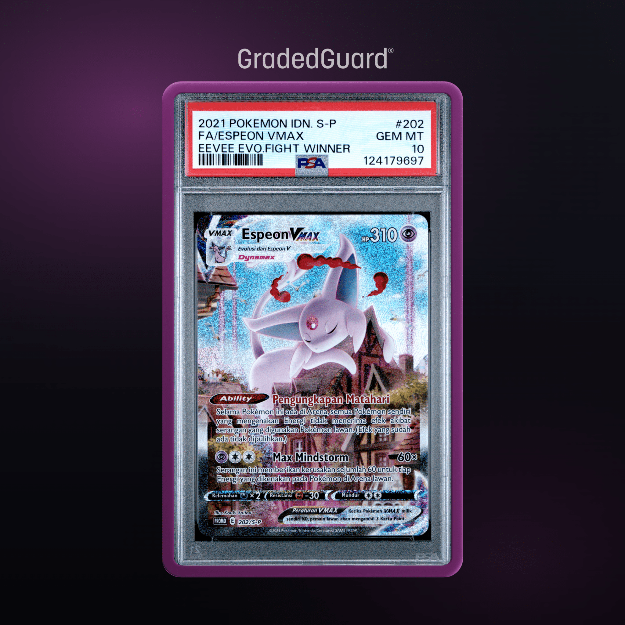 Pokémon – 2021 POKEMON INDONESIAN S PROMO 202 FA/ESPEON VMAX EEVEE EVO.FIGHT WINNER PSA 10 SLAB CERT 124179697 - TAKARA TCG