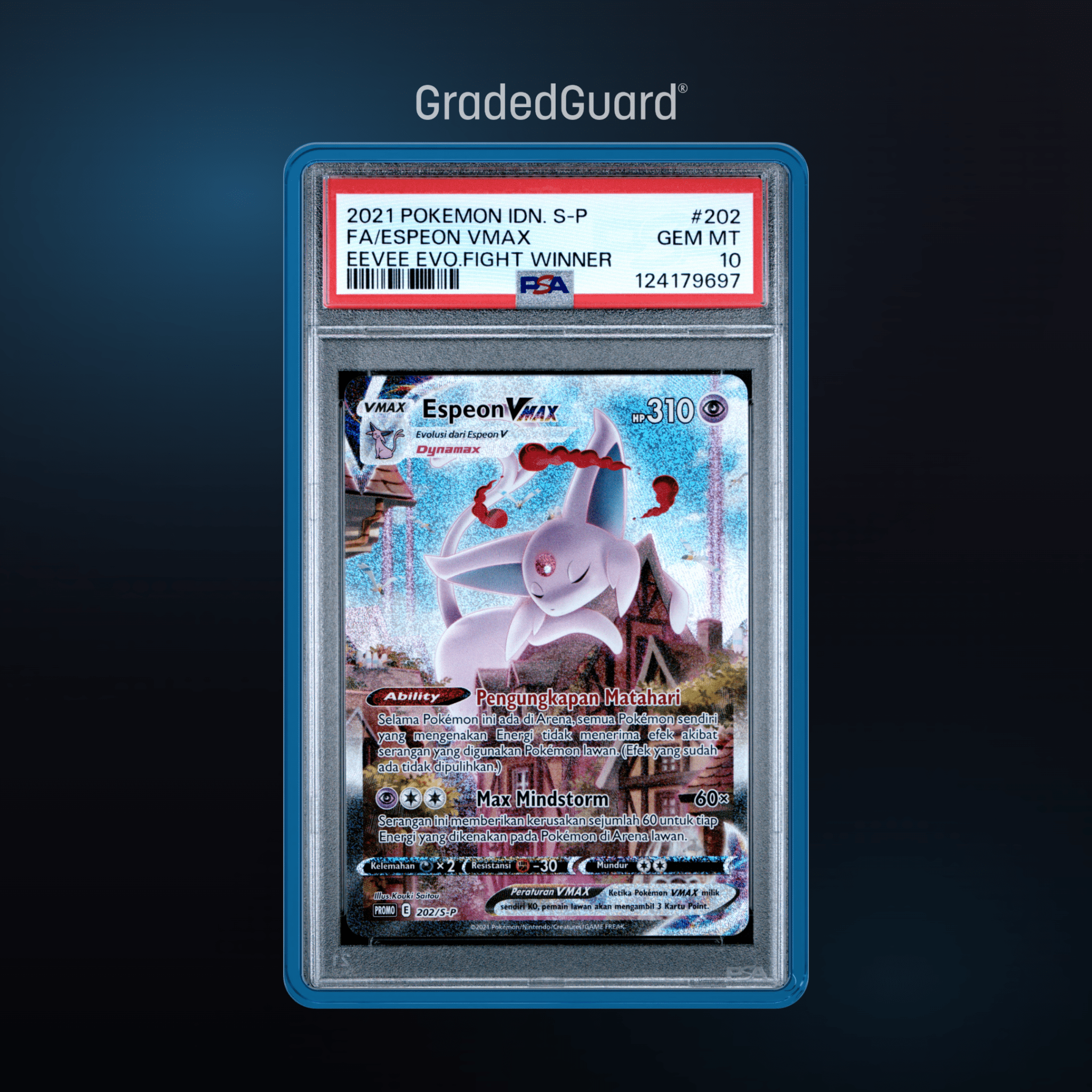Pokémon – 2021 POKEMON INDONESIAN S PROMO 202 FA/ESPEON VMAX EEVEE EVO.FIGHT WINNER PSA 10 SLAB CERT 124179697 - TAKARA TCG
