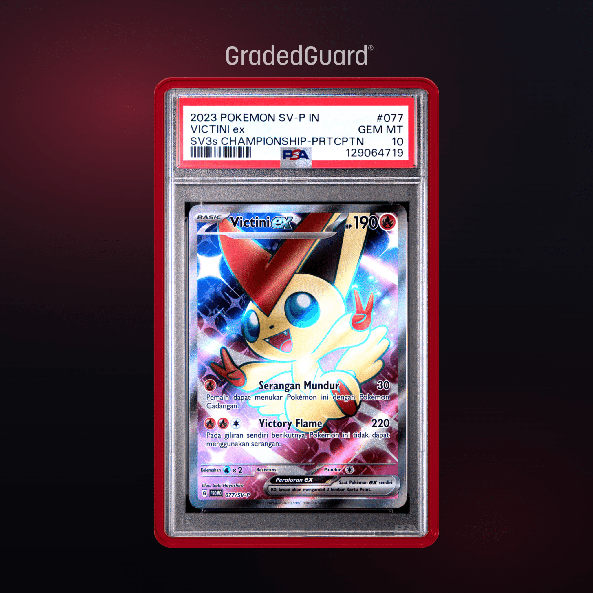 Pokémon – 2023 POKEMON INDONESIAN SV PROMO 077 VICTINI ex SV3s CHAMPIONSHIP - PRTCPTN PSA 10 SLAB - TAKARA TCG