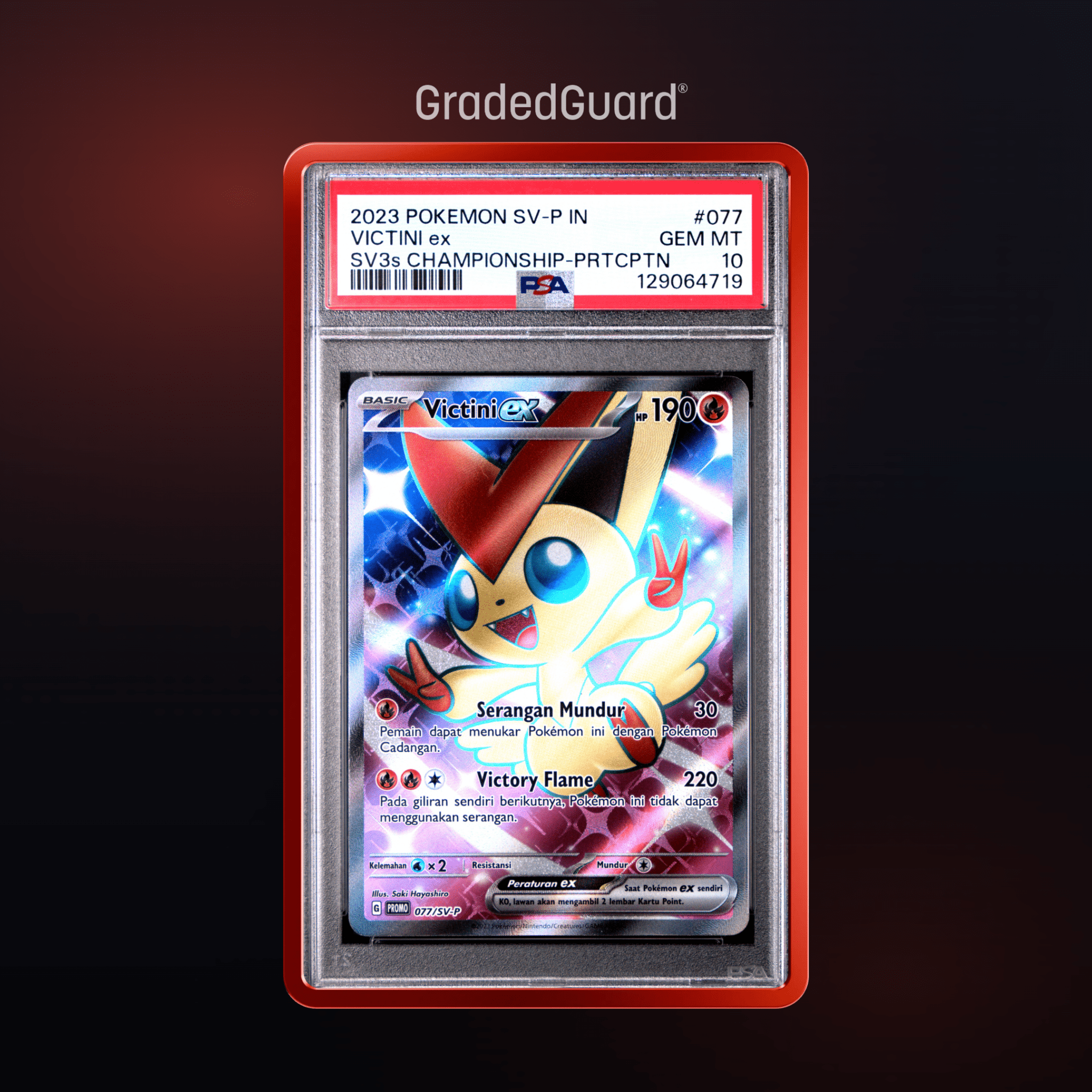 Pokémon – 2023 POKEMON INDONESIAN SV PROMO 077 VICTINI ex SV3s CHAMPIONSHIP - PRTCPTN PSA 10 SLAB - TAKARA TCG