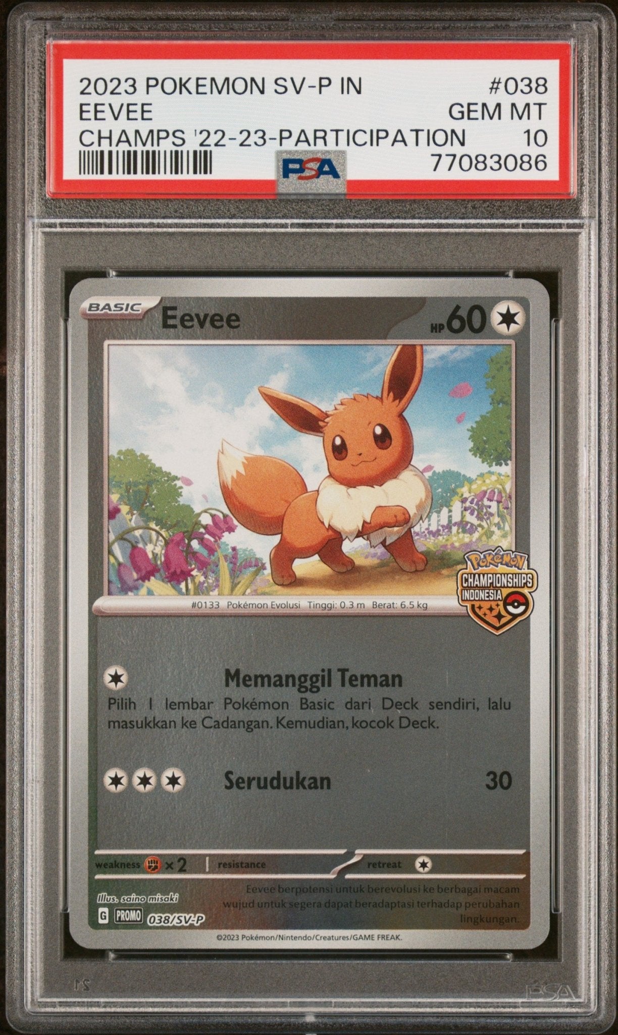 Pokémon – 2023 POKEMON INDONESIAN SV PROMO 038 EEVEE CHAMPS '22 - 23 - PARTICIPATION PSA 10 SLAB - TAKARA TCG