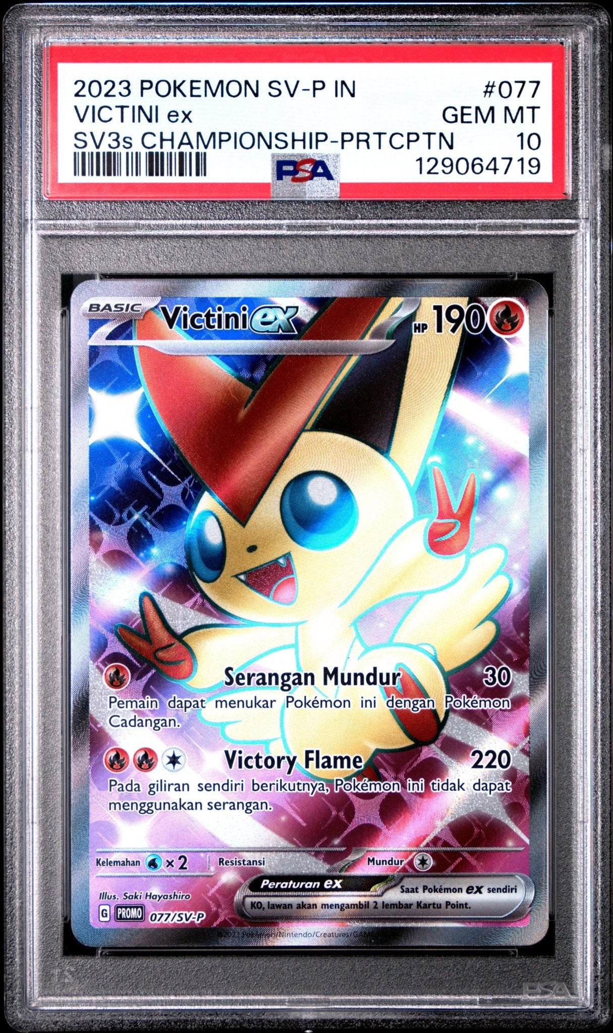 Pokémon – 2023 POKEMON INDONESIAN SV PROMO 077 VICTINI ex SV3s CHAMPIONSHIP - PRTCPTN PSA 10 SLAB - TAKARA TCG