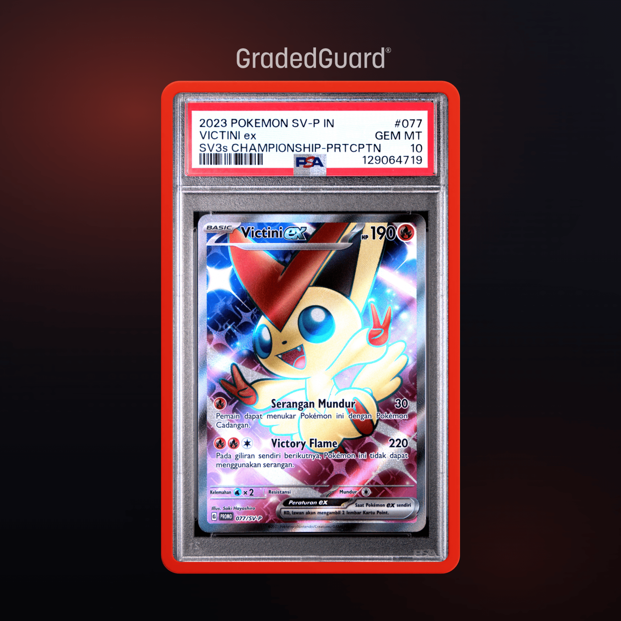 Pokémon – 2023 POKEMON INDONESIAN SV PROMO 077 VICTINI ex SV3s CHAMPIONSHIP - PRTCPTN PSA 10 SLAB - TAKARA TCG
